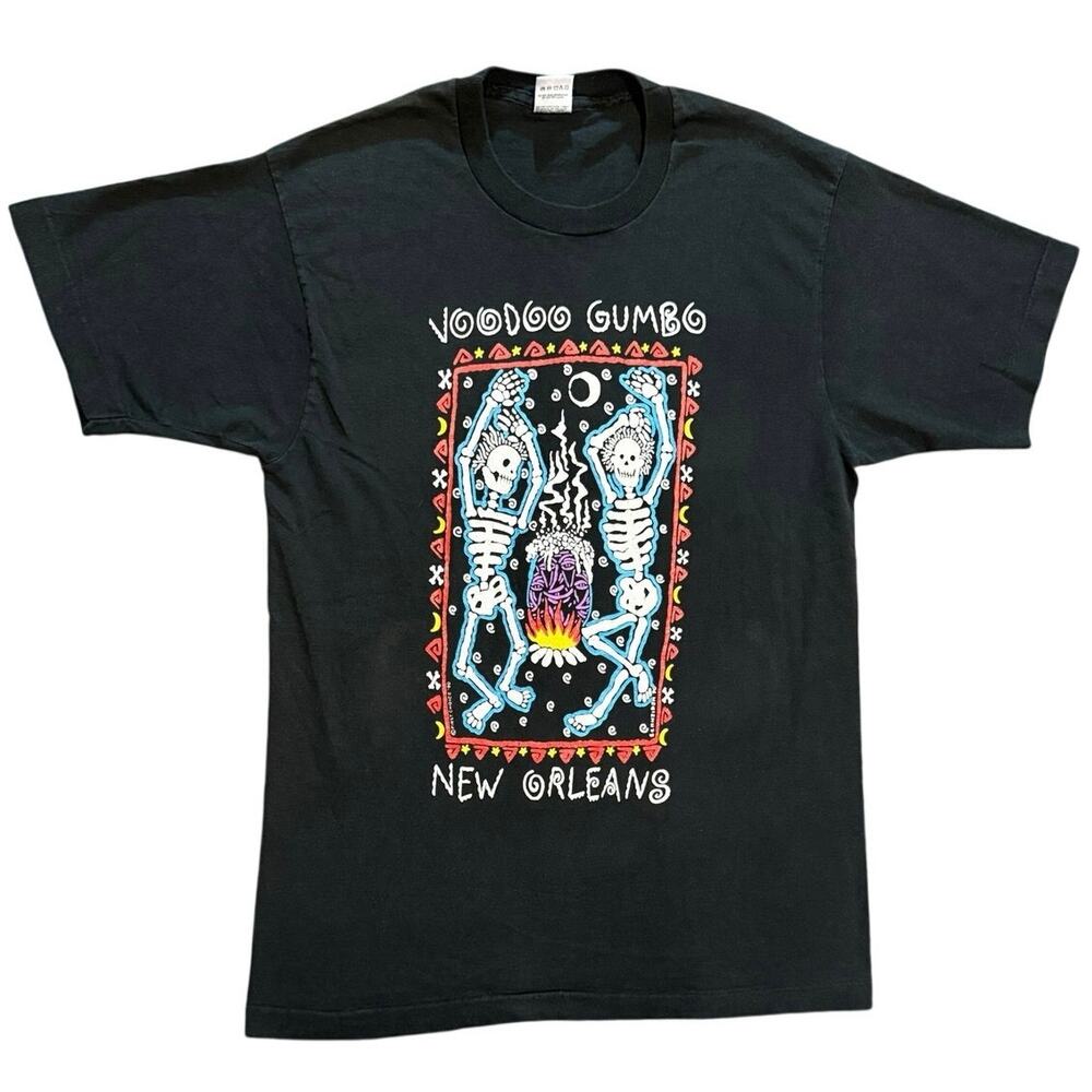 Vintage Voodoo Gumbo New Orleans T Shirt Black Skeleton Graphic Tee NOLA Large